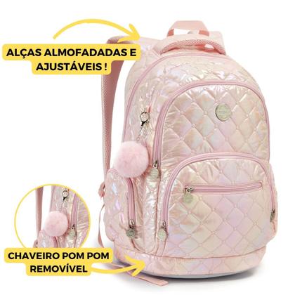 Imagem de Mochila Feminina Escolar Juvenil Metalizada Metelassê Pompom Seanite