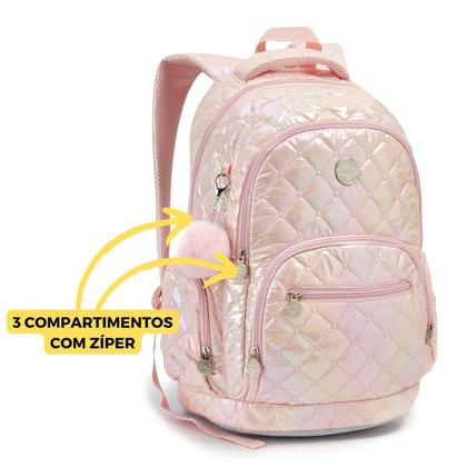 Imagem de Mochila Feminina Escolar Juvenil Metalizada Metelassê Pompom Seanite