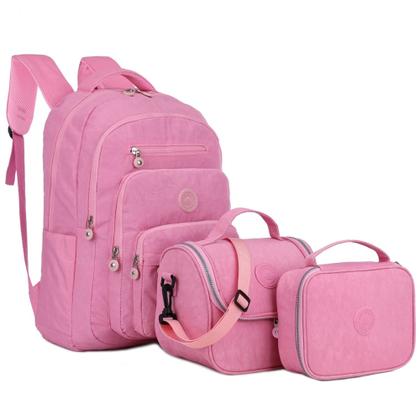 Imagem de Mochila Feminina Tactel Notebook Kit Lancheira e Estojo Escolar Resistente Estilo Kipiling
