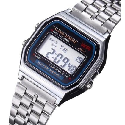 Imagem de Mochila Impermeável Alça Cabo Aço Reforçada Notebook + Relógio Digital Vintage Prata