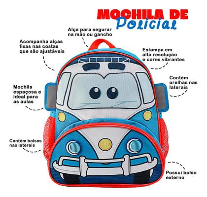 Imagem de Mochila Infantil Com Alças Costa Carros Kombi Polícia Menino Bebê Hotelzinho Creche Maternal