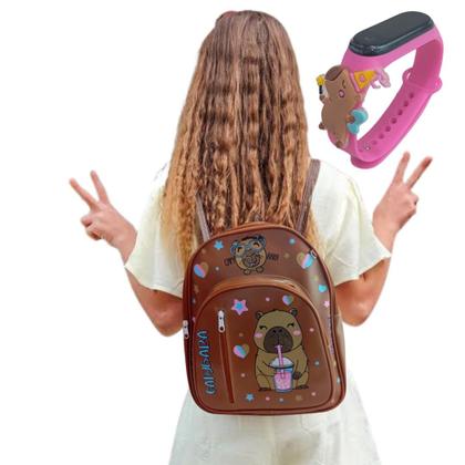 Imagem de Mochila Infantil Menina Feminino Capivara Com Relogio Digital Led Data Hora