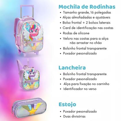 Imagem de Mochila Infantil Unicórcio Rodinhas de Gel Kit com Lancheira Térmica e  Estojo comn 2 Divisórias Escolar Bolsa Volta às Aulas Menina