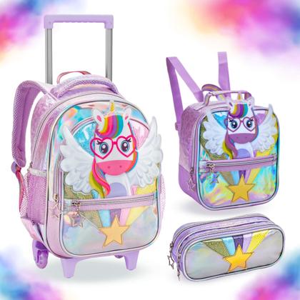 Imagem de Mochila Infantil Unicórcio Rodinhas de Gel Kit com Lancheira Térmica e  Estojo comn 2 Divisórias Escolar Bolsa Volta às Aulas Menina