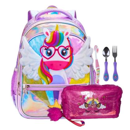 Imagem de Mochila Infantil Unicórnio 16" Com Estojo Unicórnio Felpudo