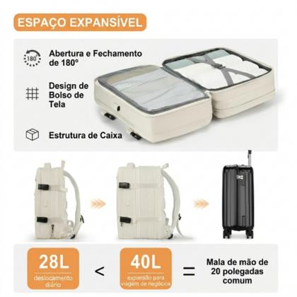 Imagem de Mochila Mala de Bordo Expansível 45L Viagem Faculdade Trabalho Impermeavel Reforçada Bege
