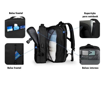 Imagem de Mochila Mala Unissex Com Bolso Expansível Espaço Para Notebook Cabo USB Trabalho Viagem Bordo