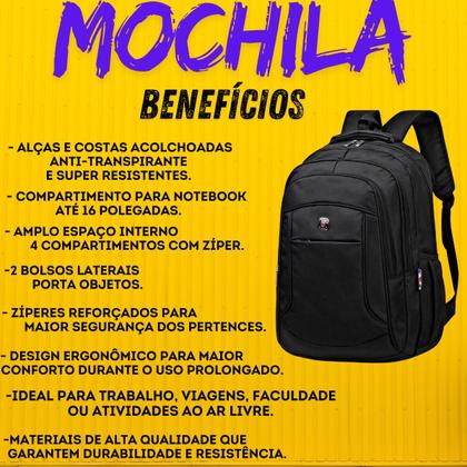 Imagem de Mochila Masculina Escolar Impermeável Resistente Grande Cor:Preto