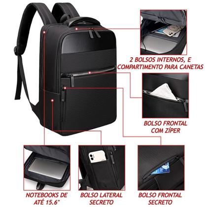 Imagem de Mochila Masculina Executiva com Detalhes em Couro PU Premium Impermeável com entrada USB Resistente à riscos Slim