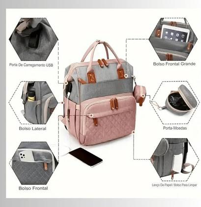 Imagem de Mochila Maternidade, Bolsa Mochila Maternidade Impermeável Bebê Menino Menina, Grande capacidade CodaTech PREMIUM Cor de Rosa com detalhe Cinza