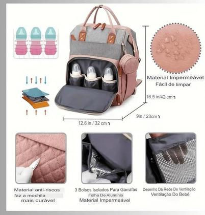 Imagem de Mochila Maternidade, Bolsa Mochila Maternidade Impermeável Bebê Menino Menina, Grande capacidade CodaTech PREMIUM Cor de Rosa com detalhe Cinza
