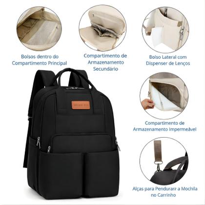 Imagem de Mochila Maternidade Ergonômica Multifuncional P/ Gestantes Mamãe e Bebê Menino Menina Cor.Preta