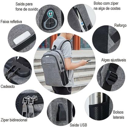 Imagem de Mochila Notebook com Cadeado Anti Furto Lorben Saída Cabo Auxiliar USB Fone Ouvido