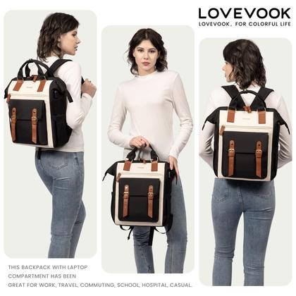 Imagem de Mochila para laptop LOVEVOOK para mulheres de 15,6 polegadas preta-bege-marrom