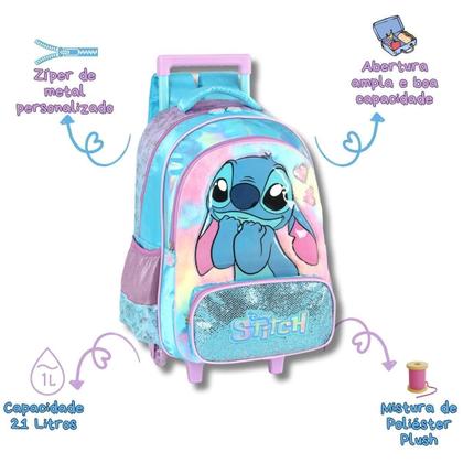 Imagem de Mochila Rodas Stitch Disney Infantil Meninas Escolar Azul