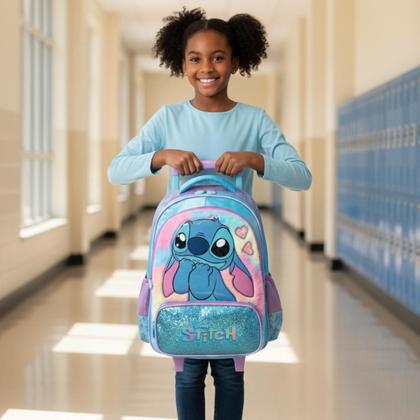 Imagem de Mochila Rodas Stitch Disney Infantil Meninas Escolar Azul