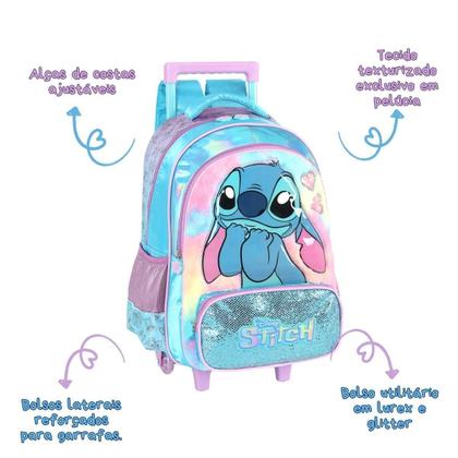 Imagem de Mochila Rodas Stitch Disney Infantil Meninas Escolar Azul