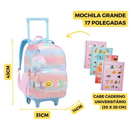 Imagem de Mochila Rodinha Juvenil Love Escolar Rosa Meninas