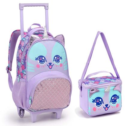 Imagem de Mochila Rodinhas Escolar Infantil Menina Lancheira Gata/Panda Premium