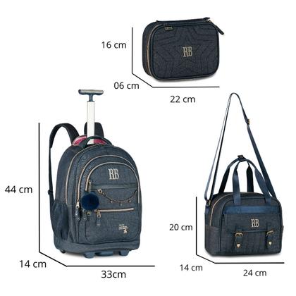 Imagem de Mochila Rodinhas Rebecca Bonbon Jeans com Lancheira e Estojo