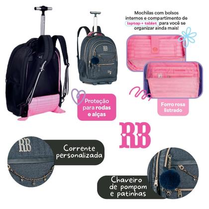 Imagem de Mochila Rodinhas Rebecca Bonbon Jeans com Lancheira e Estojo