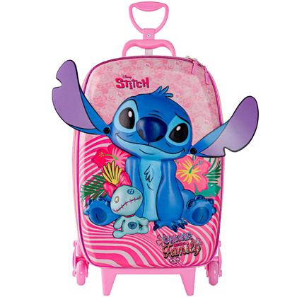 Imagem de Mochila Rosa Stitch Mala Infantil Menina Roda Tripla 3D Alto Relevo Maxtoy - Diplomata