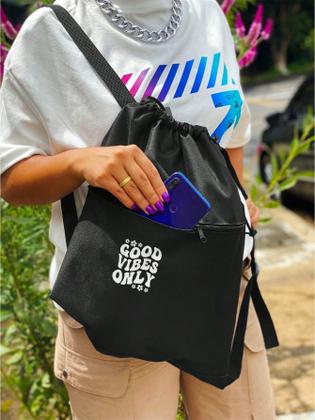 Imagem de Mochila Saco Nylon GOOD VIBES ONLY Academia Esportiva Gym Bag Fitness Unissex Cordão Preto Sack Outline Nylon Resistente Sacochila