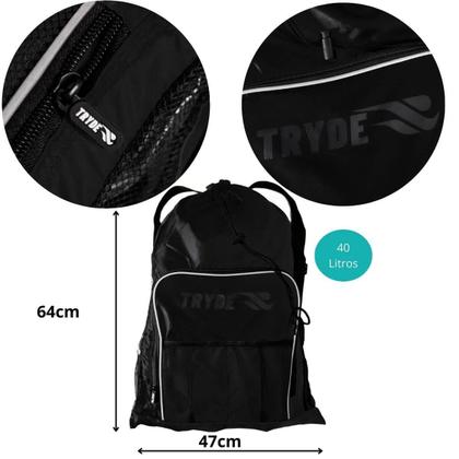 Imagem de Mochila sacola mesh preta 40L Tryde Transporte Molhados natacao academia