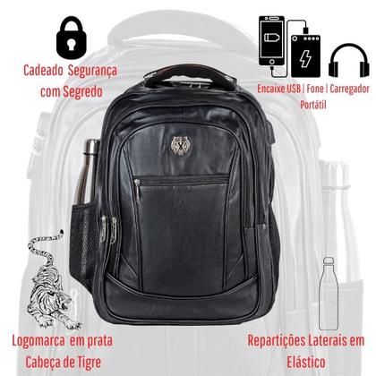 Imagem de Mochila Tigre Executiva Couro Cadeado Antifurto Masculina Feminina Preta 
