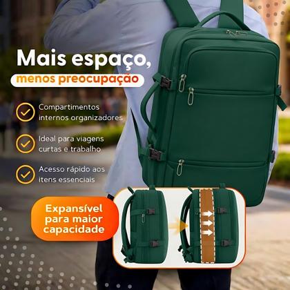 Imagem de Mochila Viagem Avião Expansível Bagagem de mão Impermeável Compart. P Notebook Cor. Verde