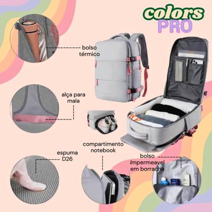 Imagem de Mochila Viagem Avião Low Cost Compartimento Para Sapatos, Notebook, Objetos úmidos CINZA COM ROSA