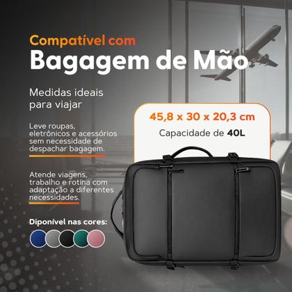 Imagem de Mochila Viagem Expansível Bagagem de mão Impermeável Compart. Notebook Sapato Roupas Molhadas PRETA
