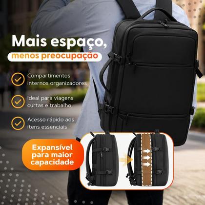 Imagem de Mochila Viagem Expansível Bagagem de mão Impermeável Compart. Notebook Sapato Roupas Molhadas PRETA