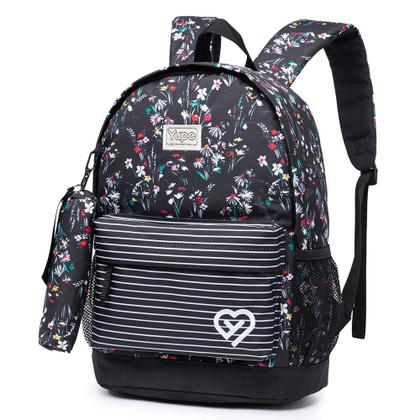Imagem de Mochila Yupe Juvenil Casual Escolar Preta Estampada com Flores Feminina Espaçosa Estojo Estampado com Flores 19L