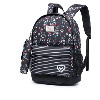 Imagem de Mochila Yupe Juvenil Casual Escolar Preta Estampada com Flores Feminina Espaçosa Estojo Estampado com Flores 19L