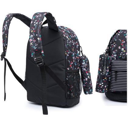Imagem de Mochila Yupe Juvenil Casual Escolar Preta Estampada com Flores Feminina Espaçosa Estojo Estampado com Flores 19L