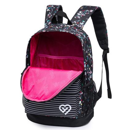 Imagem de Mochila Yupe Juvenil Casual Escolar Preta Estampada com Flores Feminina Espaçosa Estojo Estampado com Flores 19L