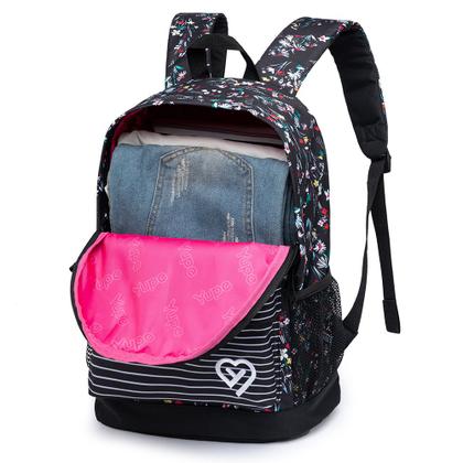 Imagem de Mochila Yupe Juvenil Casual Escolar Preta Estampada com Flores Feminina Espaçosa Estojo Estampado com Flores 19L