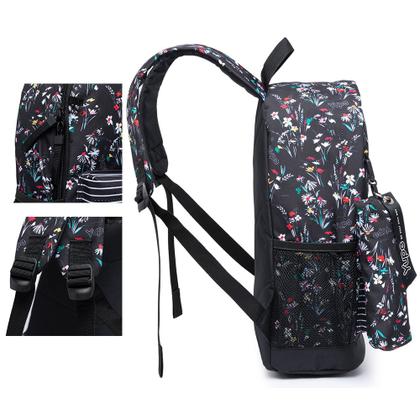 Imagem de Mochila Yupe Juvenil Casual Escolar Preta Estampada com Flores Feminina Espaçosa Estojo Estampado com Flores 19L
