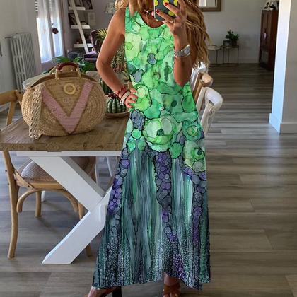 Imagem de Moda feminina casual verão solto estampado em volta do pescoço vestido sem mangas