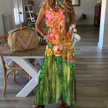 Imagem de Moda feminina casual verão solto estampado em volta do pescoço vestido sem mangas