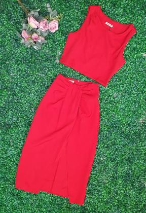 Imagem de MODAS DOMI Conjunto Alfaiataria Saía Midi com Fenda Lateral e Cropped Elegante Social 149