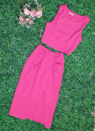 Imagem de MODAS DOMI Conjunto Alfaiataria Saía Midi com Fenda Lateral e Cropped Elegante Social 149