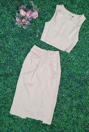 Imagem de MODAS DOMI Conjunto Alfaiataria Saía Midi com Fenda Lateral e Cropped Elegante Social 149