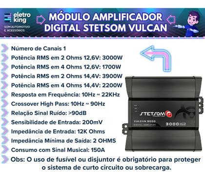 Imagem de Módulo Amplificador Digital Stetsom Vulcan 3000 Watts Rms 1 Canal - 2 Ohms