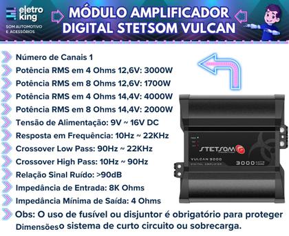 Imagem de Módulo Amplificador Digital Stetsom Vulcan 3000 Watts Rms 1 Canal - 4 Ohms