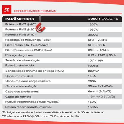 Imagem de Módulo Amplificador Potência 3000w 1 canal 4 2 1 ohms SounDigital 3000.1 EVO6 Para Subwoofer Grave