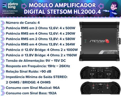 Imagem de Módulo Amplificador Stetsom HL2000.4 2000W 2 Ohms e Cabo Bateria 21mm 5 Metros reforçado