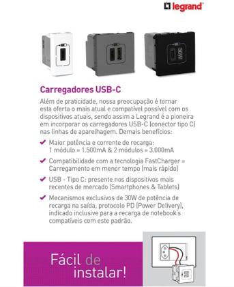 Imagem de Módulo Carregador 2x USB Tipo A+C 3A Preto Pial Plus+