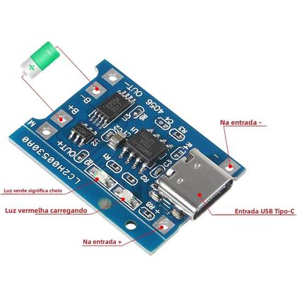 Imagem de Módulo Carregador De Bateria De Lítio 18650 TP4056 De Função Dupla 5V 1A Tipo C 100un